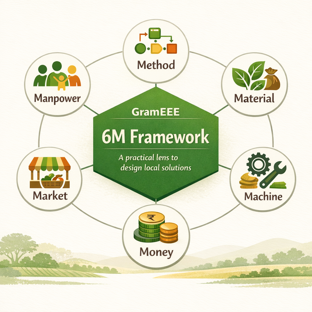 GramEEE 6M framework showing Manpower, Method, Material, Machine, Money, and Market